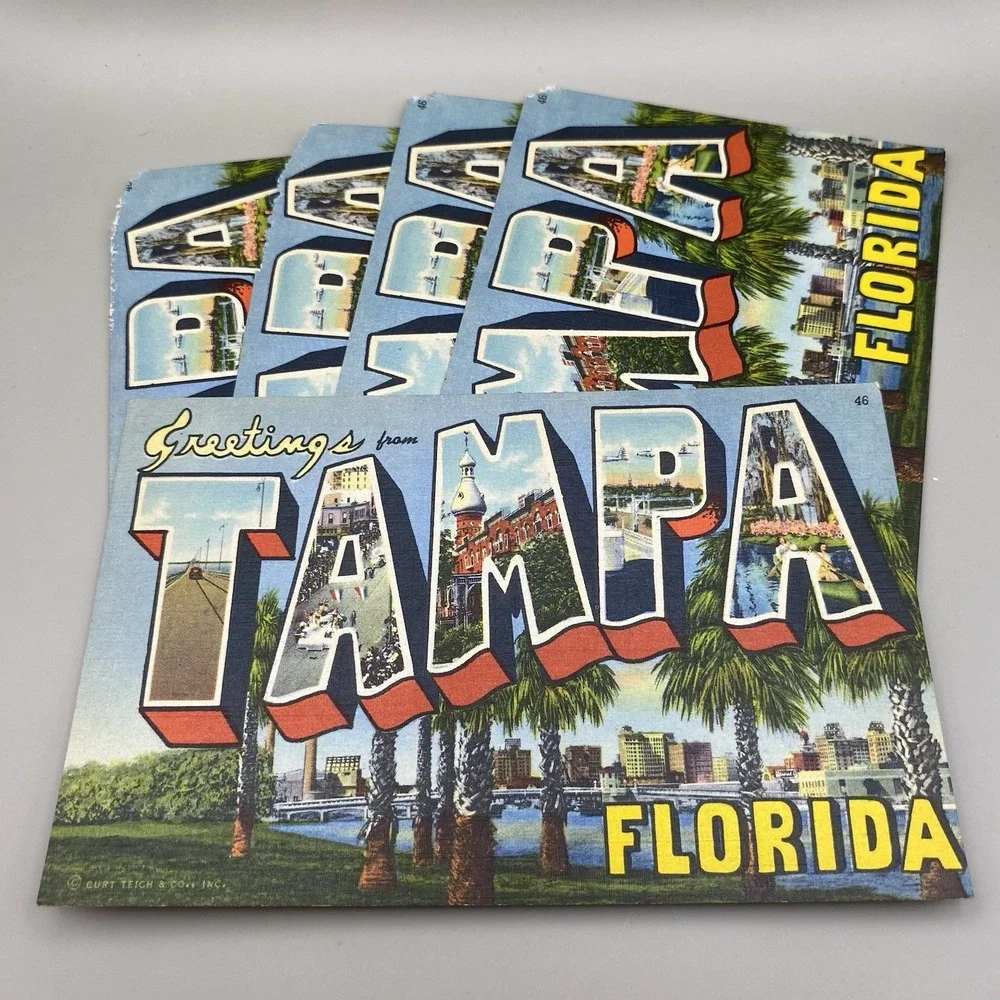 Lot of 5 Vintage Postcards Greetings From Tampa Florida FL Colortone Linen 1940s